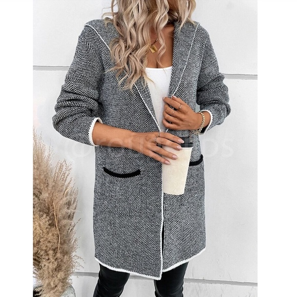 Hooded Knit Grey Open Cardigan Long Sleeves Hip Length w/ Pockets - Picture 5 of 7